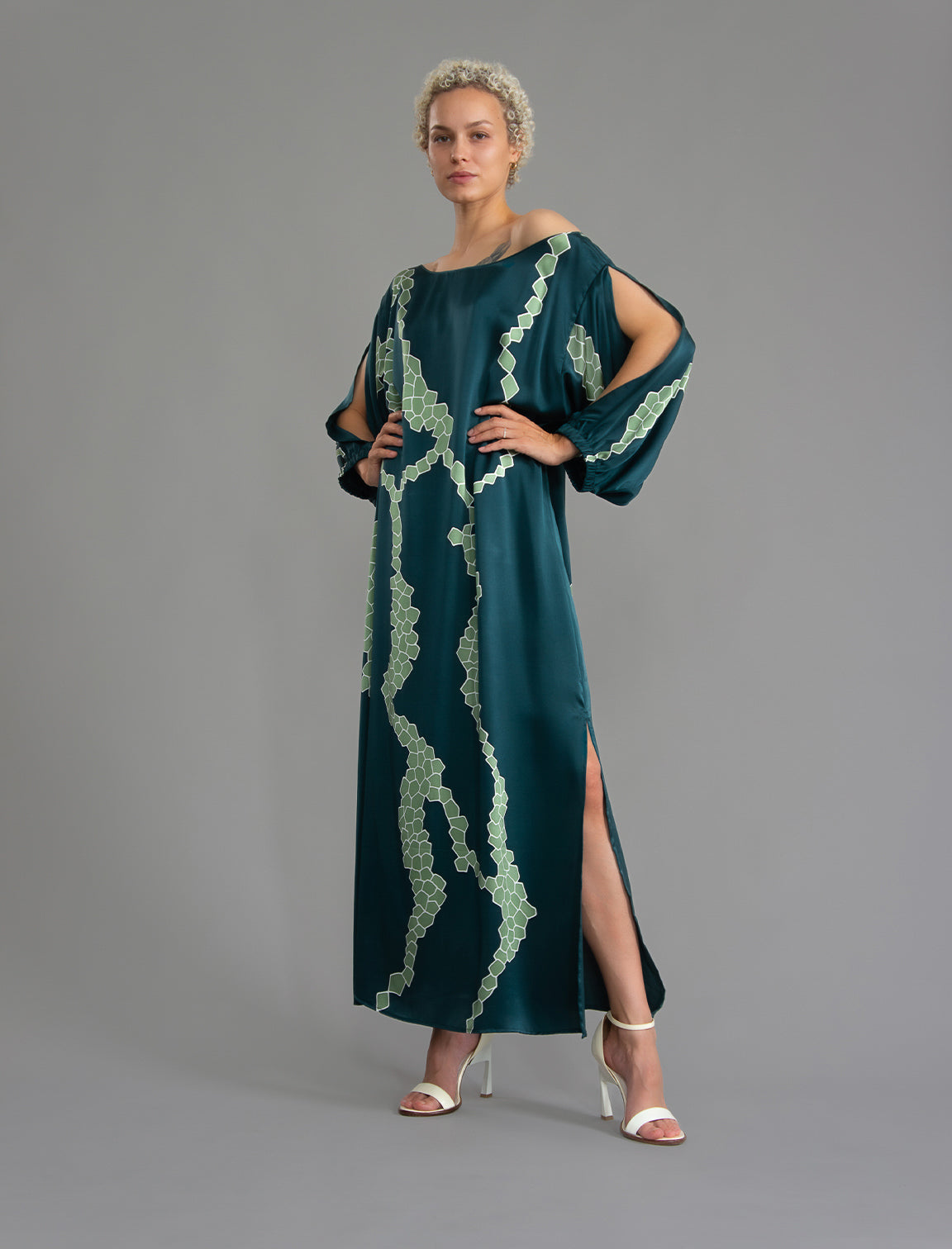 silk tunic dress Laguna Macrosnake Teal Honey Yellow Puff Sleeves Long dress with a women's christmas party wear Color:Same as Picture