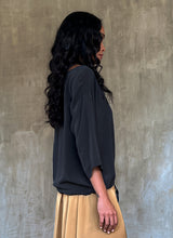 Load image into Gallery viewer, woman silk crepe top long sleeves plain grey dress on a skirt biscotto color
