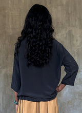 Load image into Gallery viewer, woman silk crepe top long sleeves plain grey dress on a skirt biscotto color
