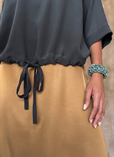 Load image into Gallery viewer, woman silk crepe top long sleeves plain grey dress on a skirt biscotto color
