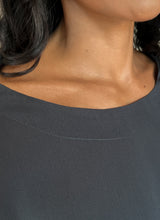 Load image into Gallery viewer, woman silk crepe top long sleeves plain grey dress on a skirt biscotto color
