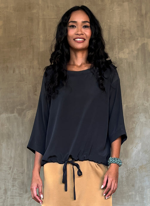 woman silk crepe top long sleeves plain grey dress on a skirt biscotto color