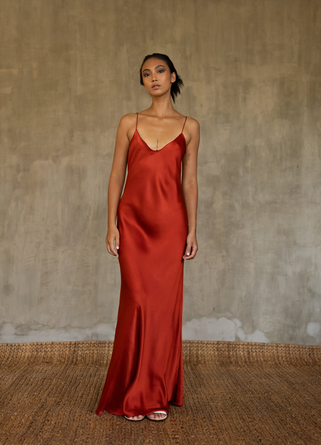 LIDO SILK LONG DRESS Red clay