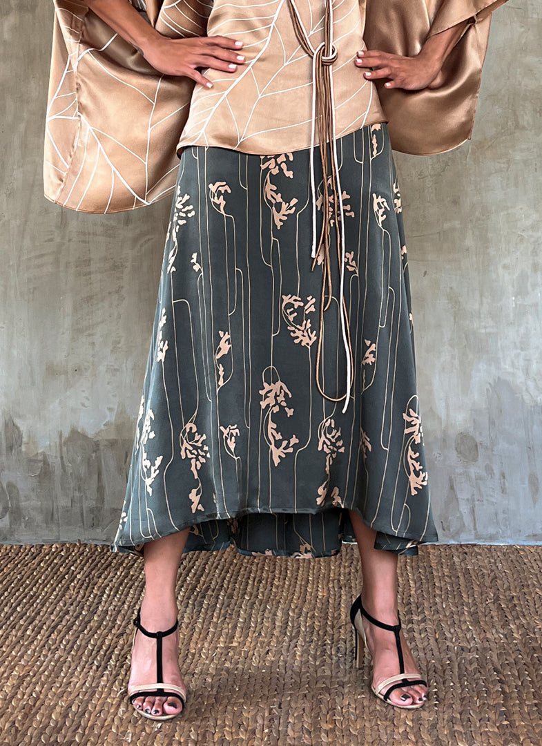 Quarzia Aline Skirt, flowing curved hemline gathered panel across the back -delicate hand painted motif handcrafted from premium silk-Lost Grey-crafted by artisans made in Bali