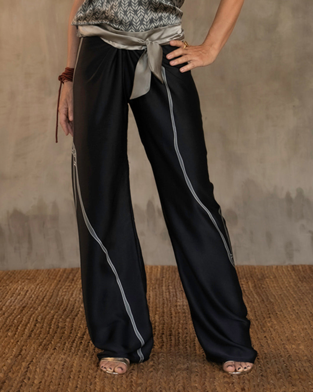 Quarzia versatile Knot Pant-contemporary hand painted batik motif handcrafted from silk-Kintsugi Black-made by artisans in Bali