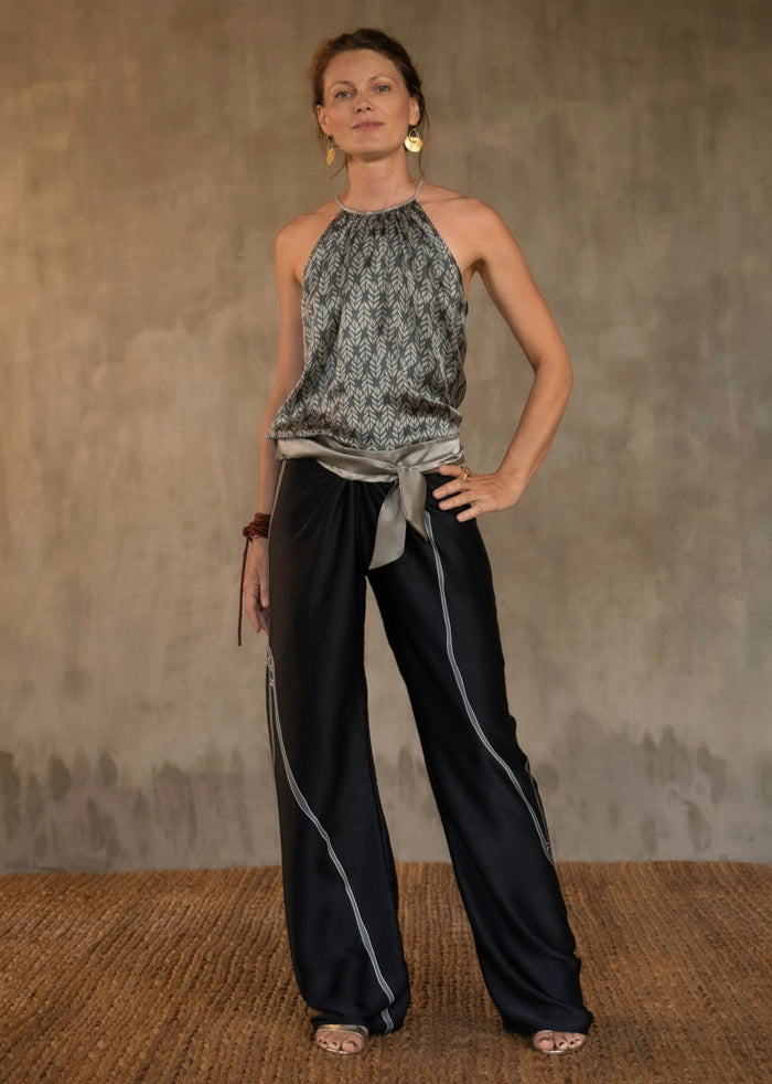 Quarzia versatile Knot Pant-contemporary hand painted batik motif handcrafted from silk-Kintsugi Black-made by artisans in Bali