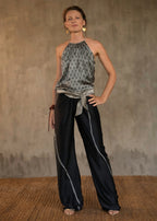 Quarzia versatile Knot Pant-contemporary hand painted batik motif handcrafted from silk-Kintsugi Black-made by artisans in Bali