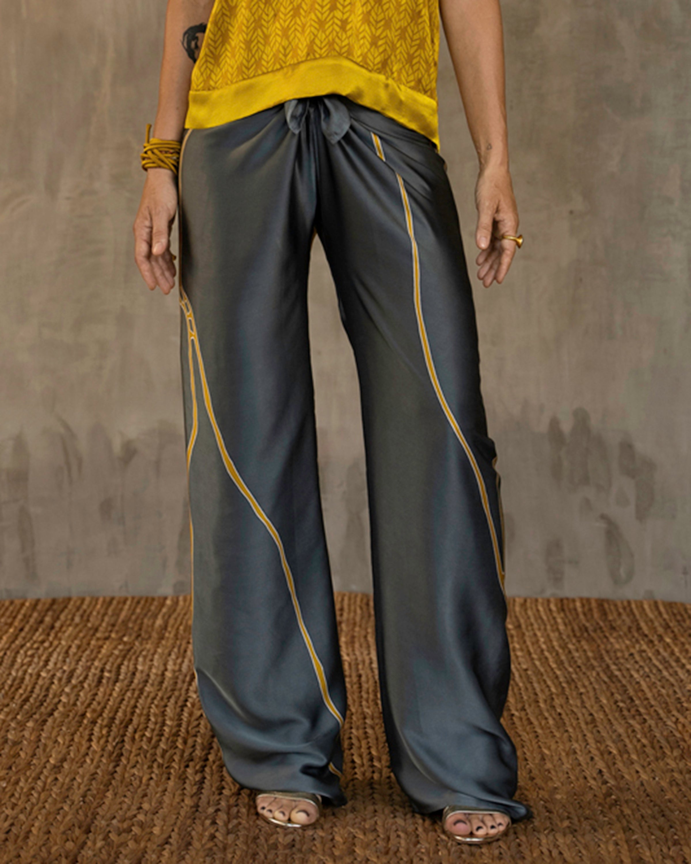 Quarzia versatile Knot Pant-contemporary hand painted batik motif handcrafted from silk-Kintsugi Steel Grey-made by artisans in Bali