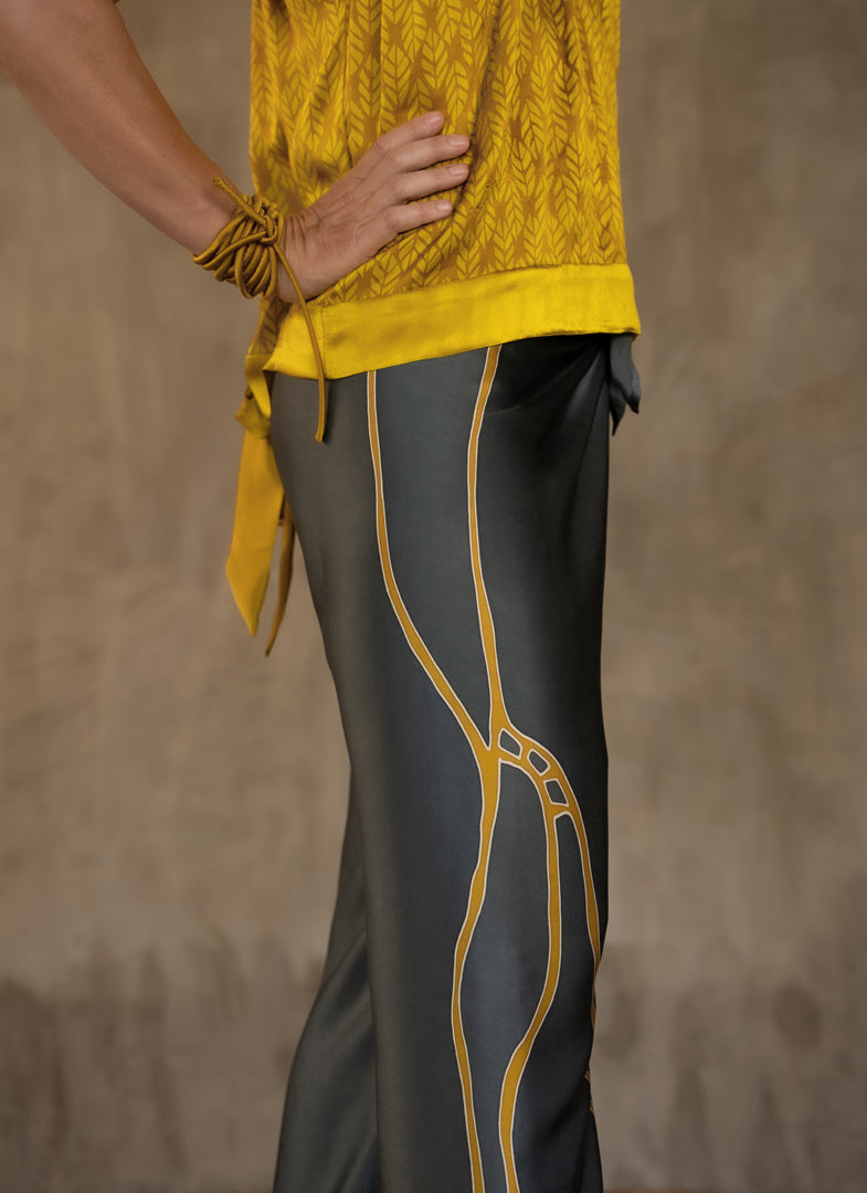 Quarzia versatile Knot Pant-contemporary hand painted batik motif handcrafted from silk-Kintsugi Steel Grey-made by artisans in Bali