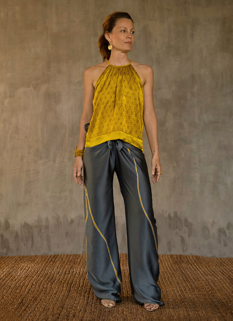 Quarzia versatile Knot Pant-contemporary hand painted batik motif handcrafted from silk-Kintsugi Steel Grey-made by artisans in Bali