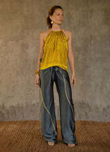 Load image into Gallery viewer, Quarzia versatile Knot Pant-contemporary hand painted batik motif handcrafted from silk-Kintsugi Steel Grey-made by artisans in Bali
