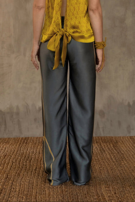 Quarzia versatile Knot Pant-contemporary hand painted batik motif handcrafted from silk-Kintsugi Steel Grey-made by artisans in Bali