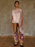 Quarzia Knot Pant-decorative hand painted batik motif handcrafted from silk-Kubis Tobacco-made by artisans in Bali