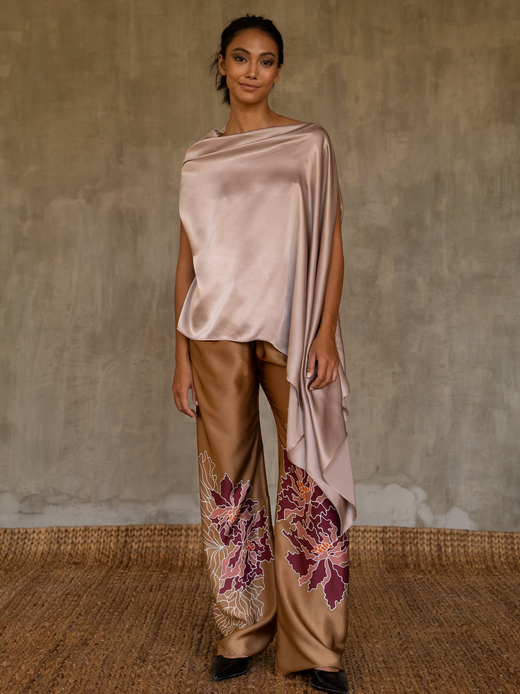 Quarzia Knot Pant-decorative hand painted batik motif handcrafted from silk-Kubis Tobacco-made by artisans in Bali