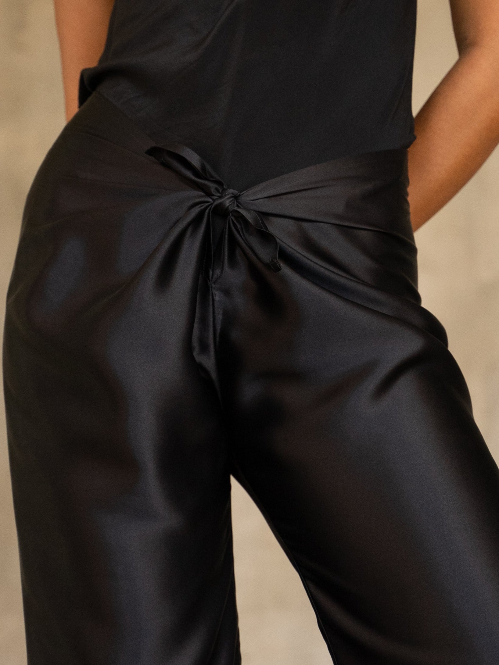 Quarzia luxury timeless Knot Pant- handcrafted from premium silk-Plain Black-crafted and coloured by artisans in Bali