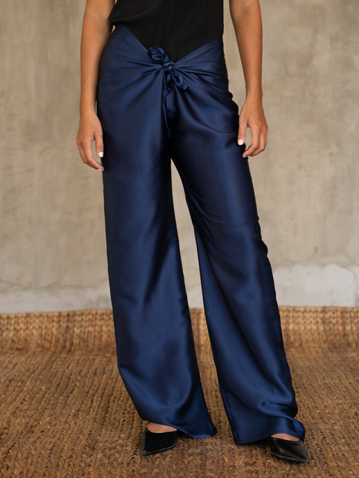 Quarzia luxury timeless Knot Pant- handcrafted from premium silk-Plain Estate Blue-crafted and coloured by artisans in Bali