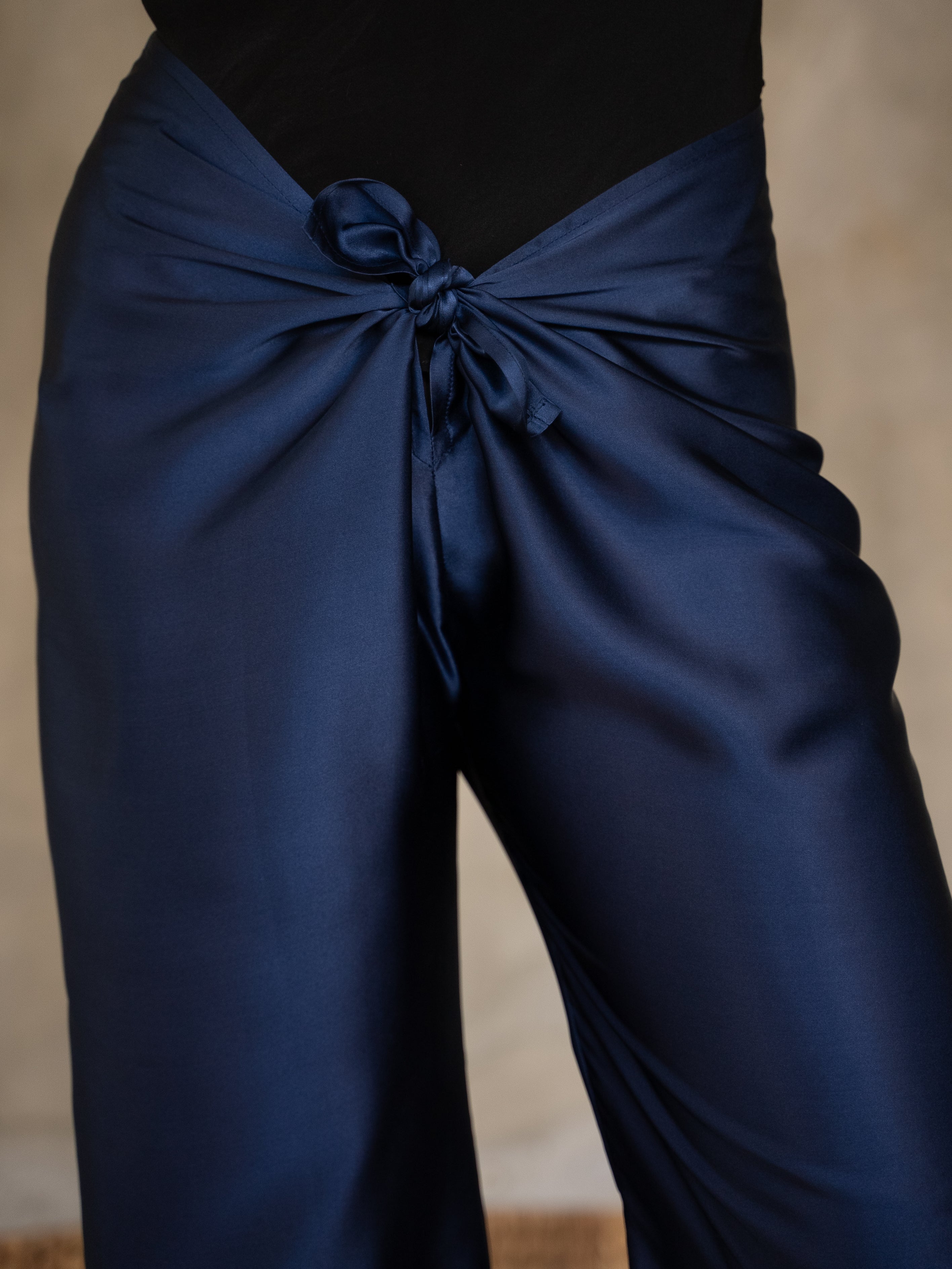 Quarzia luxury timeless Knot Pant- handcrafted from premium silk-Plain Estate Blue-crafted and coloured by artisans in Bali