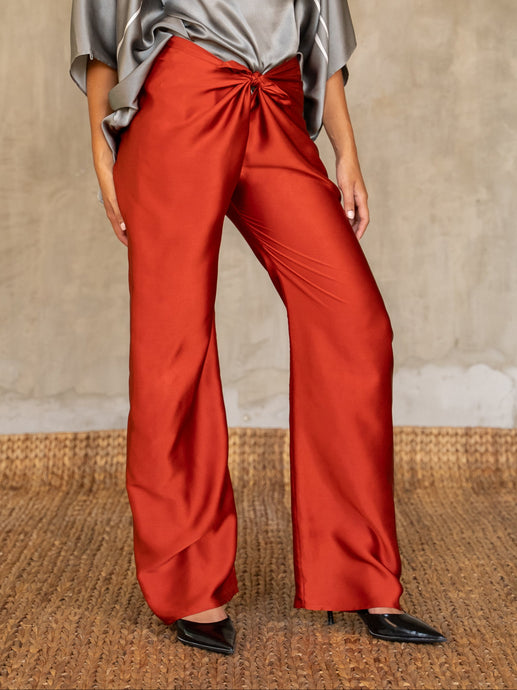Quarzia luxury timeless Knot Pant- handcrafted from premium silk-Plain Red Clay-crafted and coloured by artisans in Bali