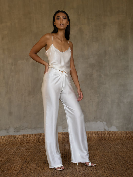 
Quarzia luxury timeless Knot Pant- handcrafted from premium silk-Plain White-crafted and coloured by artisans in Bali