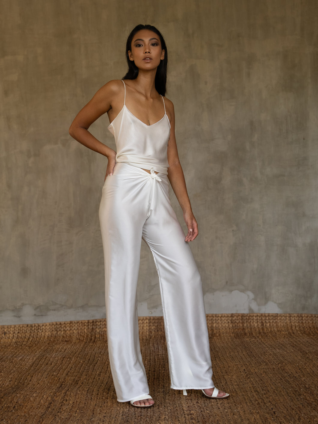 
Quarzia luxury timeless Knot Pant- handcrafted from premium silk-Plain White-crafted and coloured by artisans in Bali