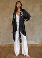 Quarzia luxury relaxed Open Kaftan with three-quarter length sleeves-hand painted handcrafted from premium silk-Kintsugi Black-made by artisans in Bali