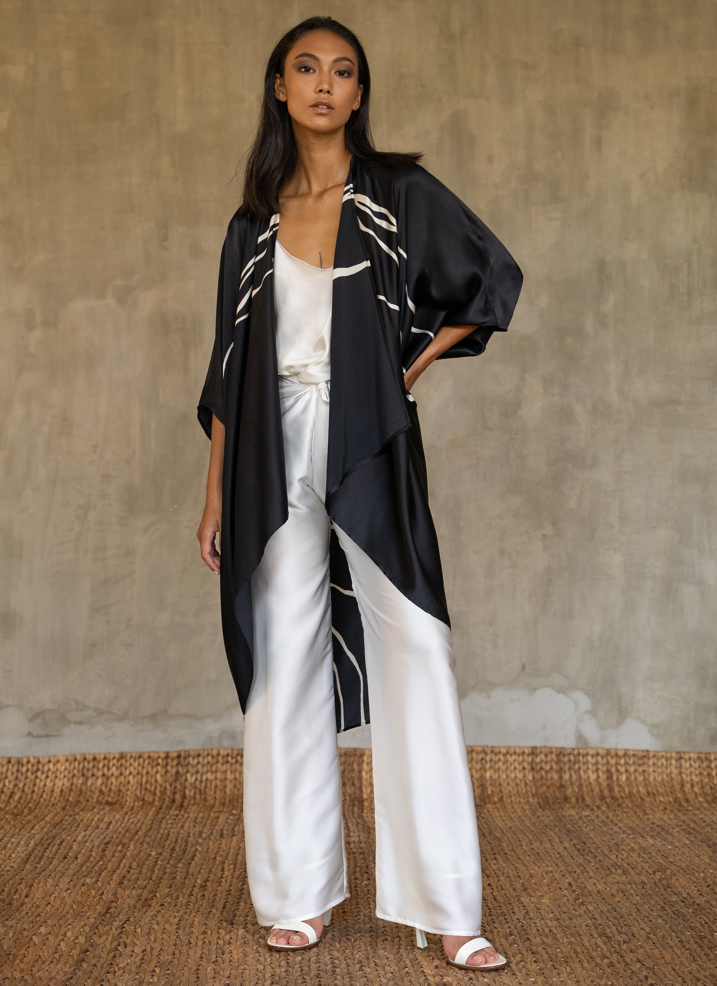 Quarzia luxury relaxed Open Kaftan with three-quarter length sleeves-hand painted handcrafted from premium silk-Kintsugi Black-made by artisans in Bali