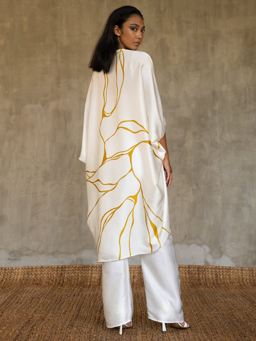 Quarzia luxury relaxed Open Kaftan with three-quarter length sleeves-hand painted handcrafted from premium silk-Kintsugi White-made by artisans in Bali