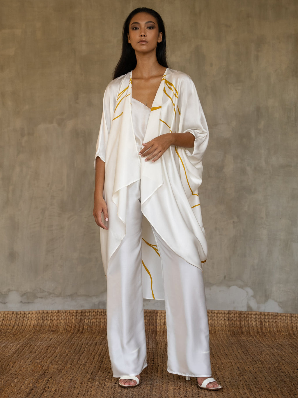 Quarzia luxury relaxed Open Kaftan with three-quarter length sleeves-hand painted handcrafted from premium silk-Kintsugi White-made by artisans in Bali