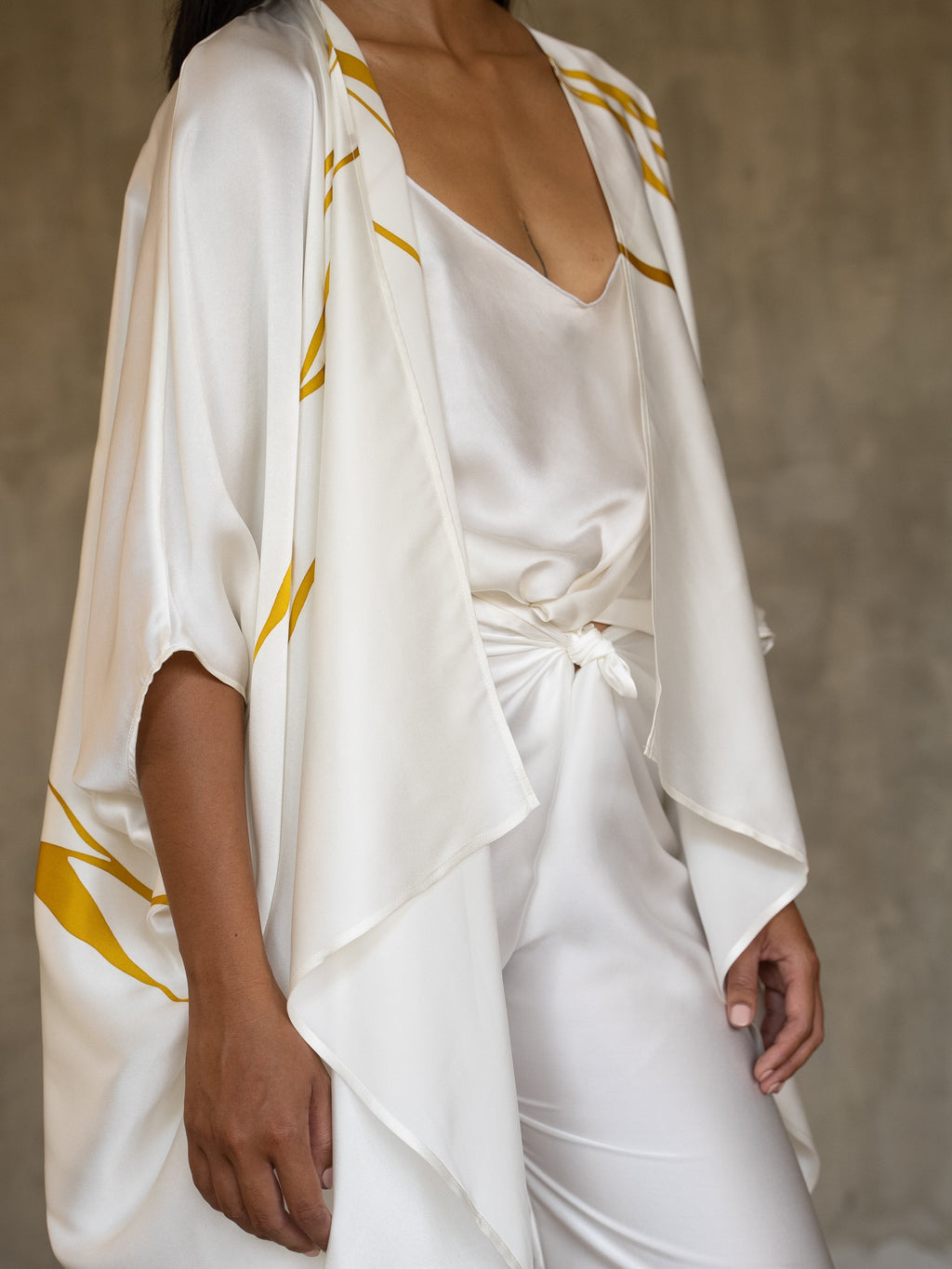 Quarzia luxury relaxed Open Kaftan with three-quarter length sleeves-hand painted handcrafted from premium silk-Kintsugi White-made by artisans in Bali
