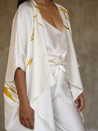 Quarzia luxury relaxed Open Kaftan with three-quarter length sleeves-hand painted handcrafted from premium silk-Kintsugi White-made by artisans in Bali