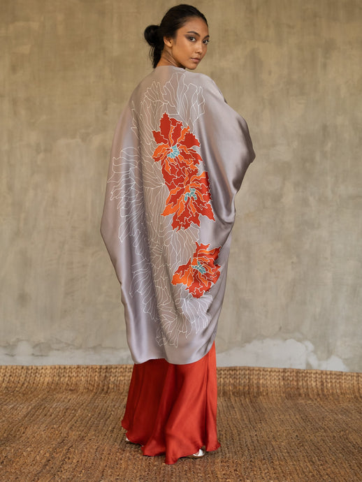 Quarzia luxury decorative Open Kaftan with three-quarter length sleeves-hand painted handcrafted from premium silk-Kubis Cloud Grey-made by artisans in Bali