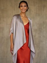 Load image into Gallery viewer, Quarzia luxury decorative Open Kaftan with three-quarter length sleeves-hand painted handcrafted from premium silk-Kubis Cloud Grey-made by artisans in Bali
