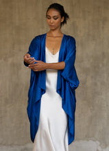 Load image into Gallery viewer, Quarzia luxury decorative Open Kaftan with three-quarter length sleeves-hand painted handcrafted from premium silk-Kubis Nautical Blue-crafted by artisans in Bali
