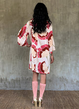 Load image into Gallery viewer, back detail -Handpainted silk batik dress with Ginkgo pattern, multicolor, kneelenght, a-line silhouette, trumpet sleeves.
