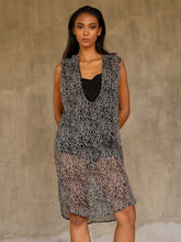 Load image into Gallery viewer, Quarzia&#39; Tunik top is sleeveless with a deep V-neckline and is hand-crafted from crinkle chiffon silk and is ideal for layering.
The batik pattern is all over and inspired by the japanese sticks game.
