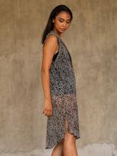 Load image into Gallery viewer, Side detail: Quarzia&#39; Tunik top is sleeveless with a deep V-neckline and is hand-crafted from crinkle chiffon silk and is ideal for layering.
The batik pattern is all over and inspired by the japanese sticks game.
