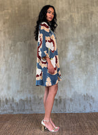Handcrafted silk batik dress with Ginkgo pattern, multicolor, kneelenght, a-line silhouette, trumpet sleeves.