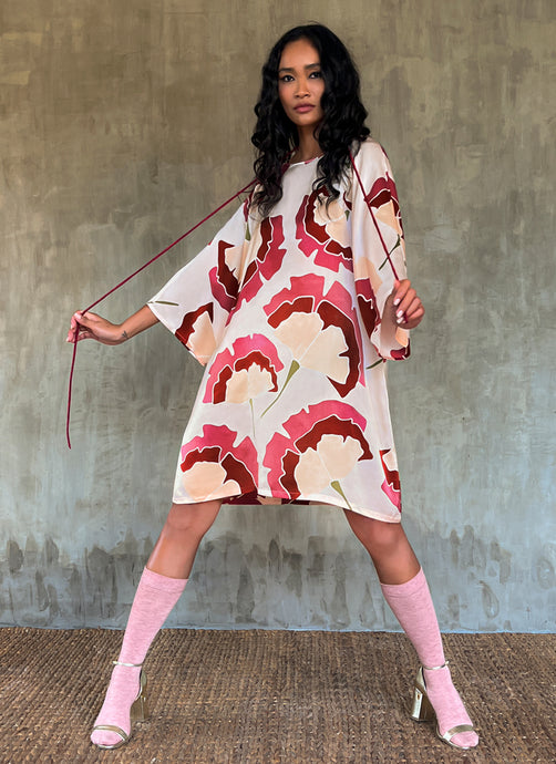 Handcrafted silk batik dress with Ginkgo pattern, multicolor, kneelenght, a-line silhouette, trumpet sleeves.