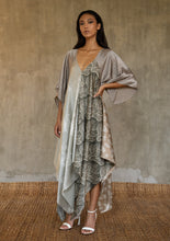 Load image into Gallery viewer, The  silk satin grey Ally dress is a celebration of modern batik patterns. Multiple designs, inspired by nature, are hand-crafted on silk in various hues of grey. The generous silhouette will suite all sizes.

