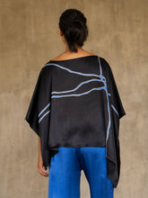 Load image into Gallery viewer, woman square top in silk satin black with blue lines wear on a blue bright pant
