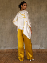 Load image into Gallery viewer, square silk satin top batik decorated in white and gold color with a yellow gol silk pant
