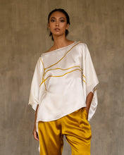 Load image into Gallery viewer, square silk satin top batik decorated in white and gold color with a yellow gol silk pant
