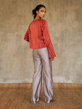 Load image into Gallery viewer, woman short jacket in red color and white stripes wear on a silk long pant with floral decoration greypink
