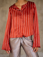 Load image into Gallery viewer, woman short jacket in red color and white stripes wear on a silk long pant with floral decoration greypink
