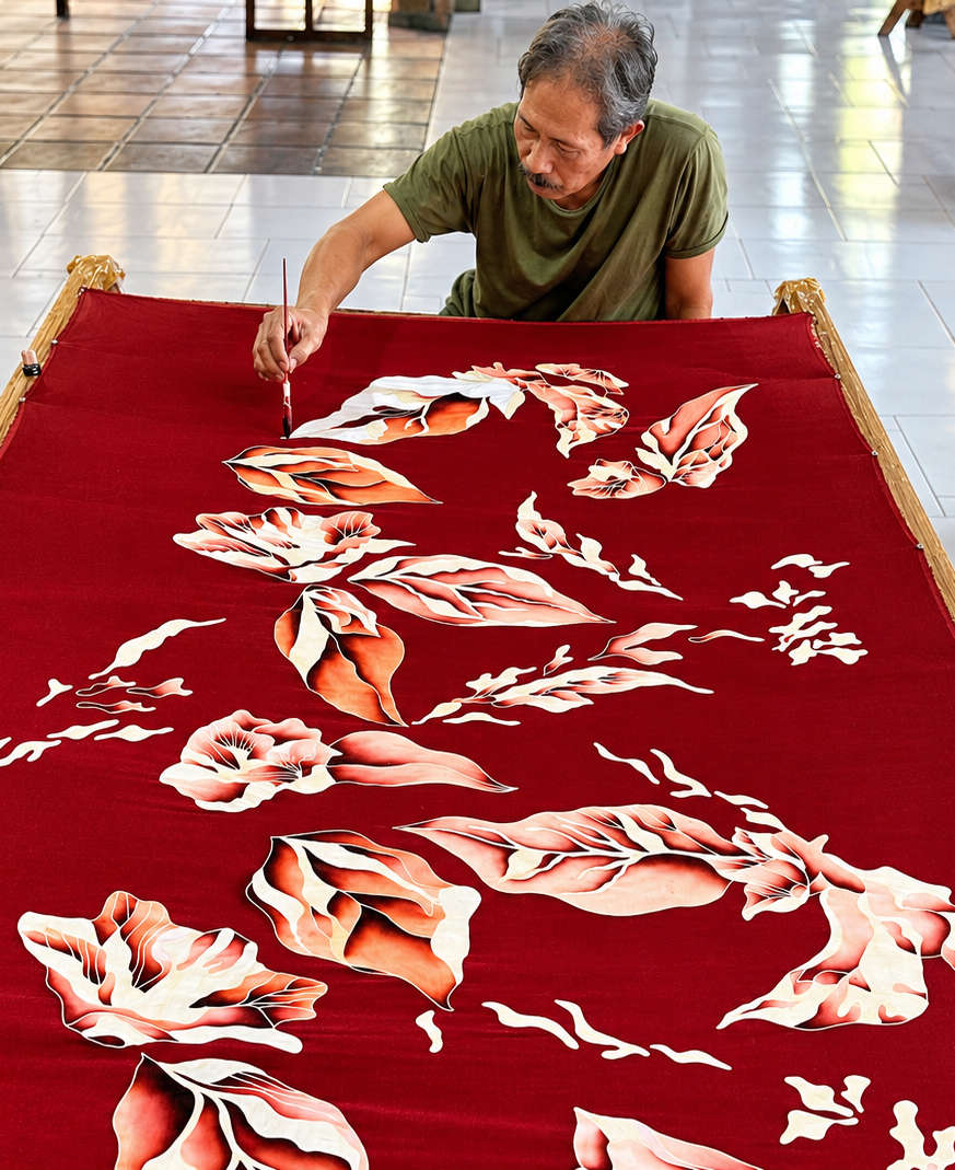 An artisan's hand painting silk with a fine brush