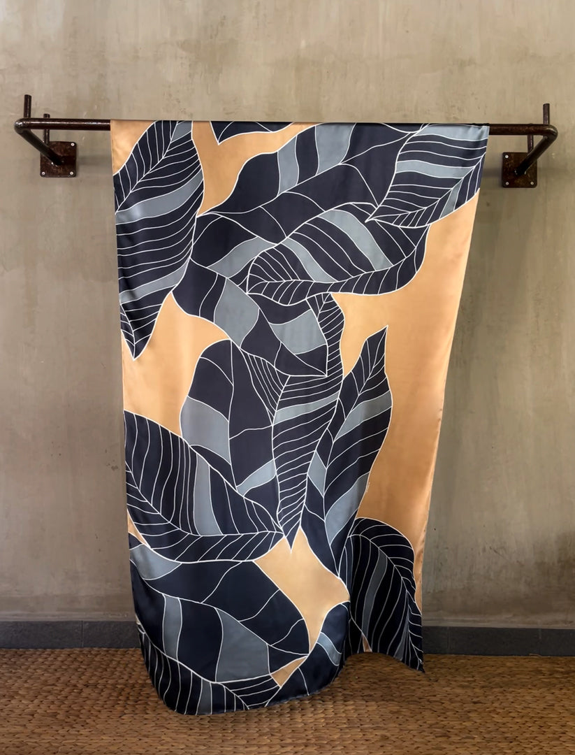 luxory silk batik sarong hand-painted in Bali color beige back ground with black and grey foliage