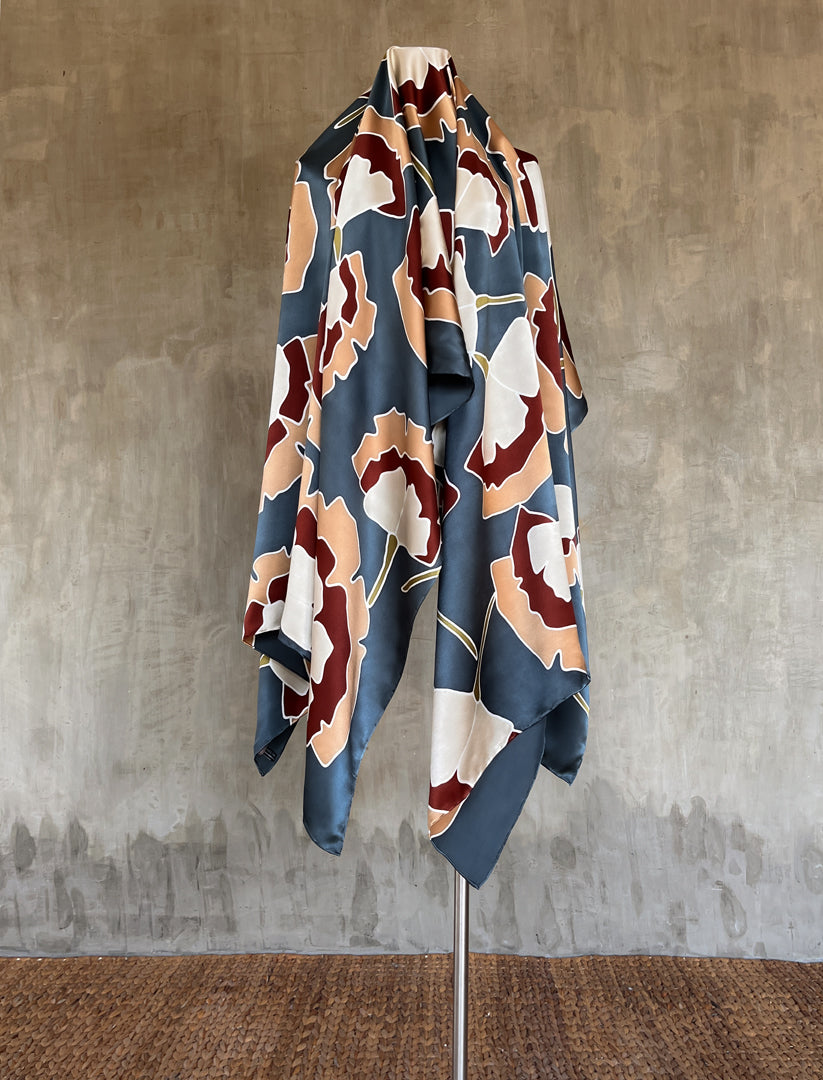 silk satin sarong with leaf pattern in blue steal color with cream and brown