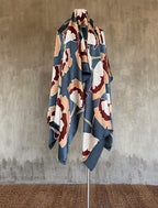 silk satin sarong with leaf pattern in blue steal color with cream and brown