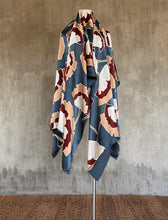 Load image into Gallery viewer, silk satin sarong with leaf pattern in blue steal color with cream and brown
