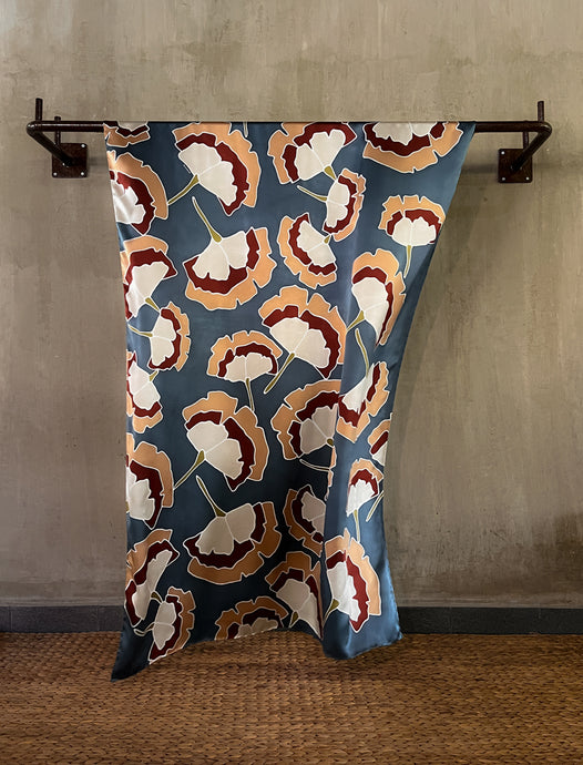 silk satin sarong with leaf pattern in blue steal color with cream and brown